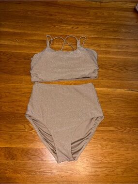 High-Waist Glitter Bikini Set - Taupe